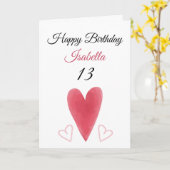 Cute Red Waterverf Long Heart 13th Birthday Kaart (Gele Bloem)