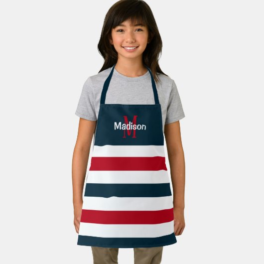 Cute Red White Blue Stripes Monogram Kinder Schort (Insitu)