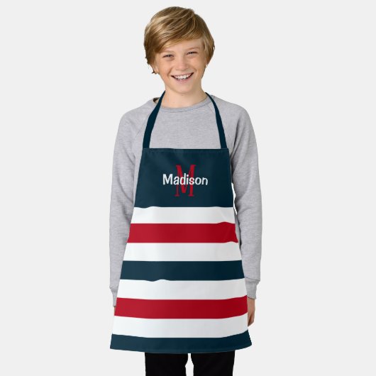 Cute Red White Blue Stripes Monogram Kinder Schort (Gedragen)