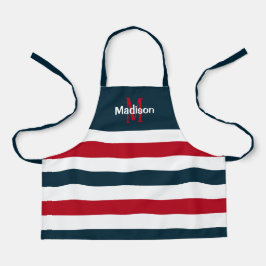 Cute Red White Blue Stripes Monogram Kinder Schort