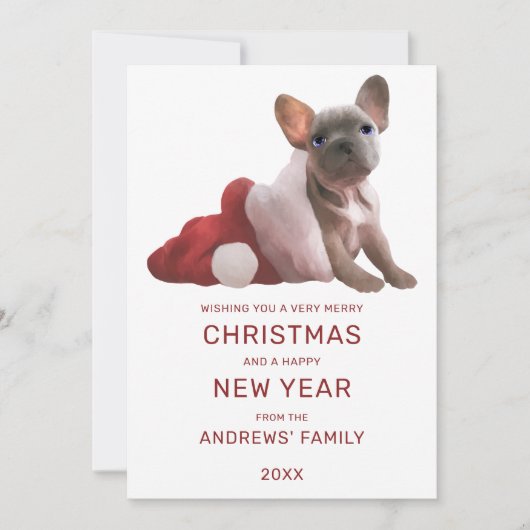 Cute Red White French Bulldog Santa Hat Kerstmis Feestdagenkaart (Voorkant)