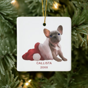 Cute Red White French Bulldog Santa Hat Kerstmis Keramisch Ornament