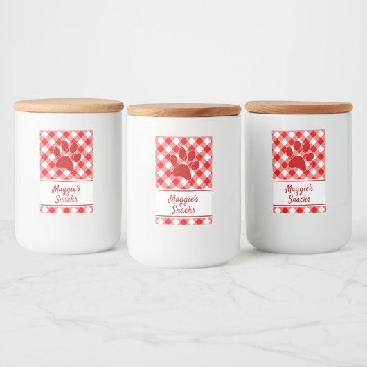 Cute Red White Gingham Checkered Pattern Paw Name Voedselcontainer Etiket (Flessen)