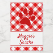 Cute Red White Gingham Checkered Pattern Paw Name Voedselcontainer Etiket (Enkel label)