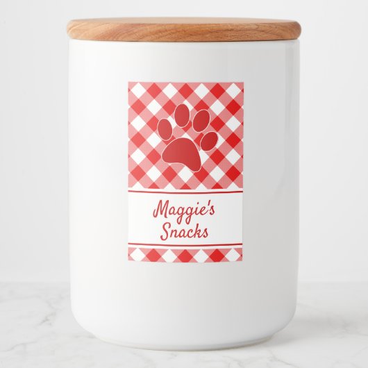Cute Red White Gingham Checkered Pattern Paw Name Voedselcontainer Etiket (Voorkant)