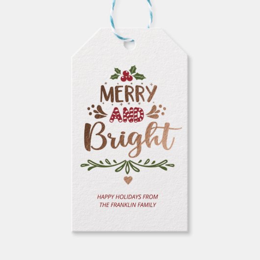 Cute Red White Gold Merry en Bright Kerstmis Cadeaulabel (Voorkant)