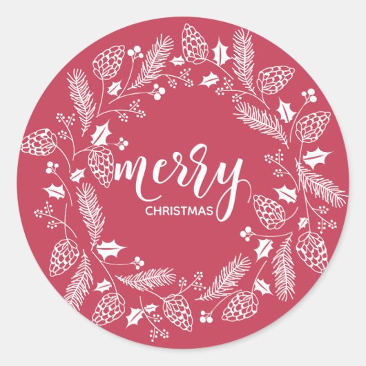 Cute Red & White Pine and Holly Kerstmis Ronde Sticker (Voorkant)