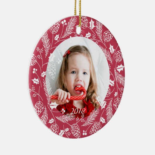 Cute Red & White Pine en Holly Wreater Kerstmis Keramisch Ornament (Rechts)