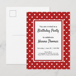 Cute Red White Polka Dot Birthday Party Uitnodiging Briefkaart