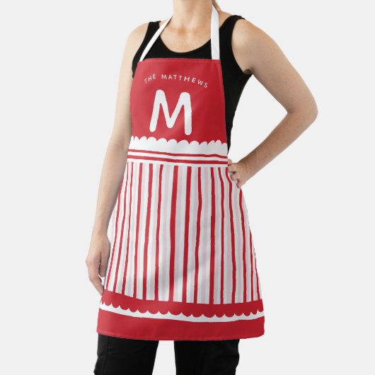 Cute Red & White Snoep Stripe Monogramnaam Schort (Insitu)