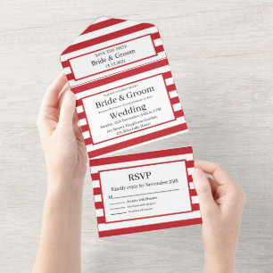 Cute Red White Stripes All in One Wedding Invite All In One Uitnodiging