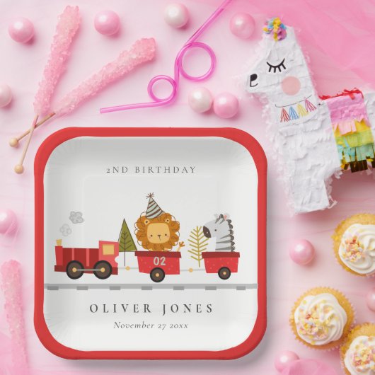 Cute Red Woodland Animal Train Elke zondag Papieren Bordje (Feest)