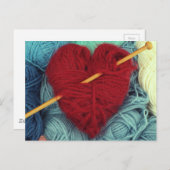 Cute red wool hart met breiend naaldbriefkaart briefkaart (Voorkant / Achterkant)