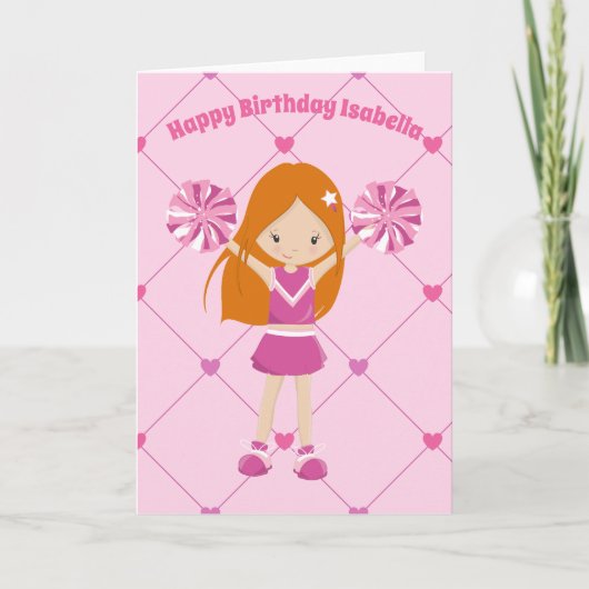 Cute Redhead Cheerleader Custom roze Birthday Kaart (Voorkant)