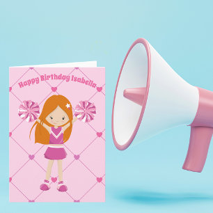 Cute Redhead Cheerleader Custom roze Birthday Kaart