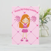Cute Redhead Cheerleader Pink Custom Birthday Kaart (Staand voorkant)
