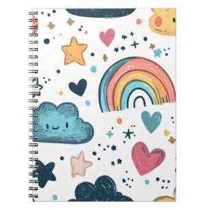 Cute Regenboog Doodle Patroon met Wolken en Sterre Notitieboek