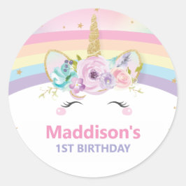 Cute Regenboog Eenhoorn 1e Verjaardag Bedankt Favo Ronde Sticker
