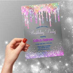 Cute Regenboog eenhoorn Glitter Drips Verjaardag  Acryl Uitnodigingen