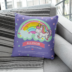 Cute Regenboog Eenhoorn Paarse Geboorte Stats Kussen