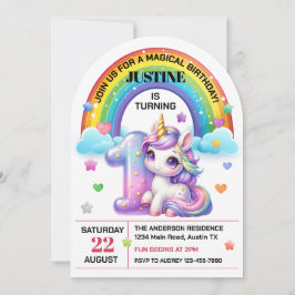 Cute Regenboog en Eenhorn 1e Verjaardagsfeestje Kaart