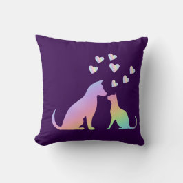 Cute Regenboog Kat en Hond Silhouet Liefde Paars N Kussen