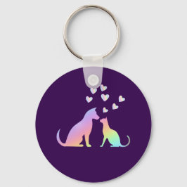 Cute Regenboog Kat en Hond Silhouet Liefde Paars N Sleutelhanger