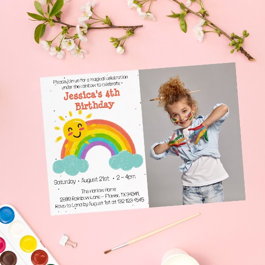 Cute Regenboog Wolken Kinderen Foto Verjaardag Kaart
