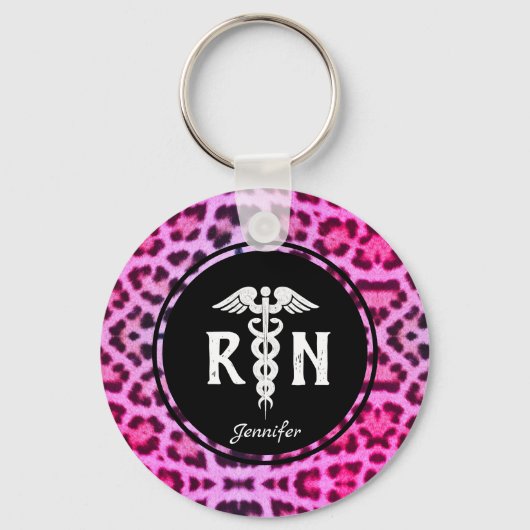 Cute Registered Nurse Caduceus Pink Leopard Sleutelhanger (Voorkant)