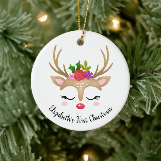 Cute Reindeer Babys eerste kerstfoto Keramisch Ornament (Boom)