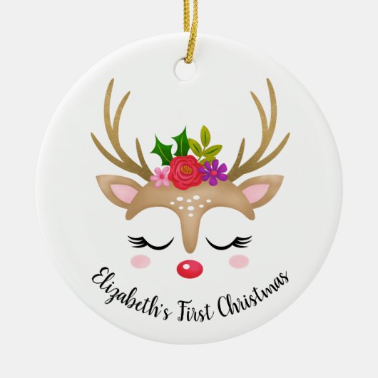 Cute Reindeer Babys eerste Kerstmis Keramisch Ornament (Voorkant)