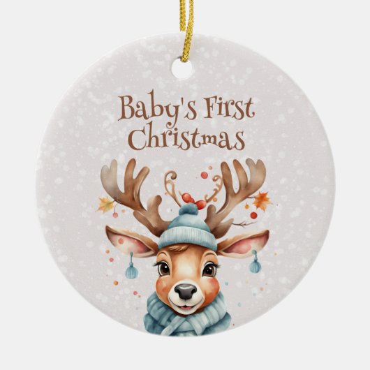 Cute Reindeer Baby's First Kerstfoto Keramisch Ornament (Voorkant)