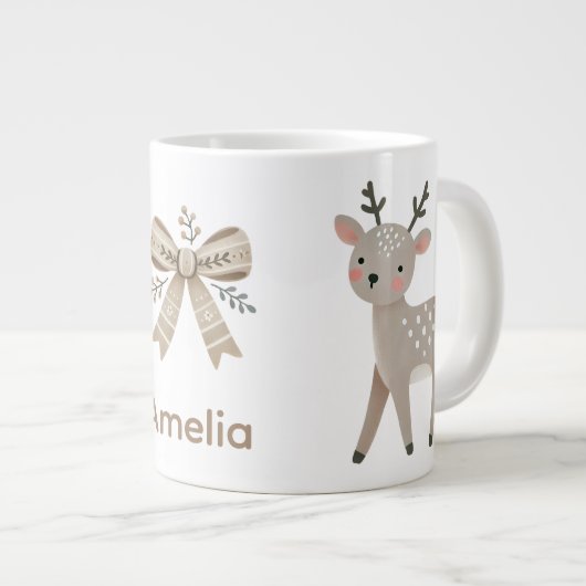 Cute Reindeer & Bow Drawing Christmas Name Grote Koffiekop (Voorkant rechts)