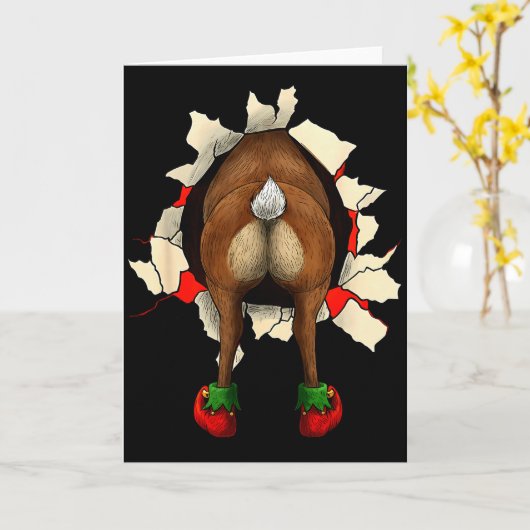 Cute Reindeer Butt Breakthrough Christmas Kaart (Gele Bloem)