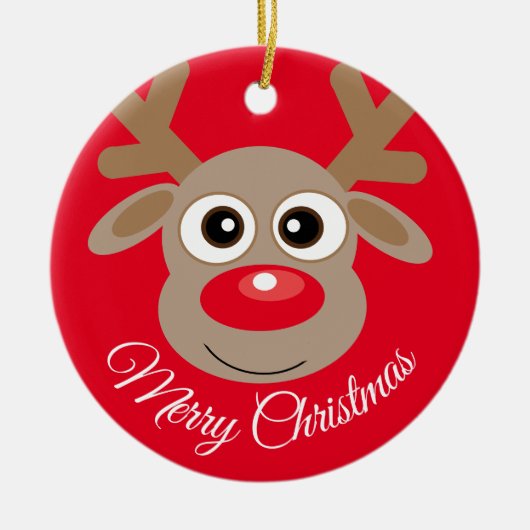 Cute Reindeer Cartoon Kerstrood Keramisch Ornament (Voorkant)