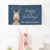 Cute Reindeer Cartoon met Family Greeting blue Spandoek (Insitu)