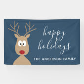 Cute Reindeer Cartoon met Family Greeting blue Spandoek (Horizontaal)