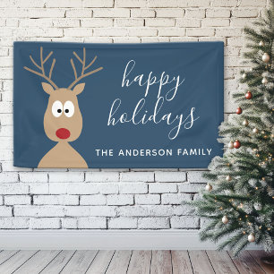 Cute Reindeer Cartoon met Family Greeting blue Spandoek