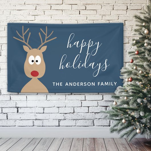Cute Reindeer Cartoon met Family Greeting blue Spandoek