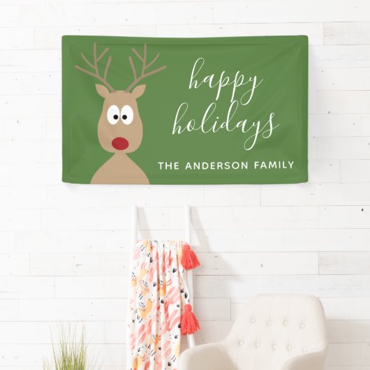 Cute Reindeer Cartoon met Family Greeting green Spandoek (Insitu)