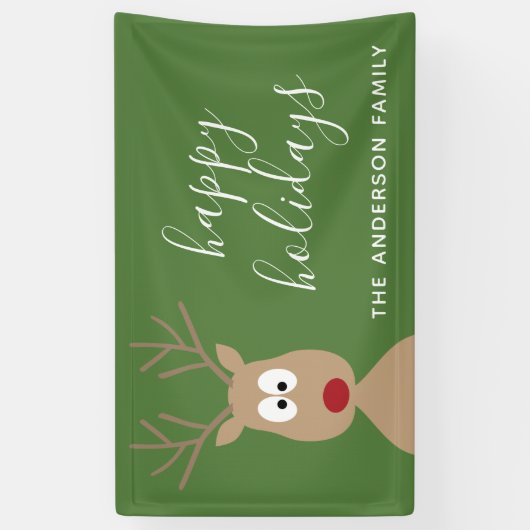 Cute Reindeer Cartoon met Family Greeting green Spandoek (Verticaal)