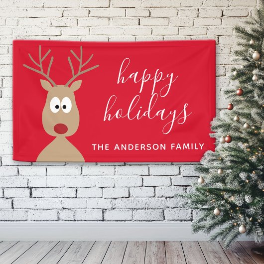 Cute Reindeer Cartoon met Family Greeting red Spandoek