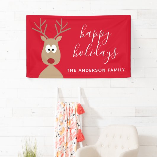 Cute Reindeer Cartoon met Family Greeting red Spandoek (Insitu)