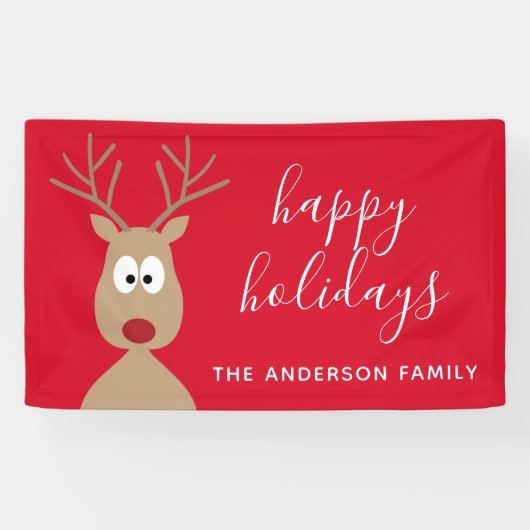 Cute Reindeer Cartoon met Family Greeting red Spandoek (Horizontaal)