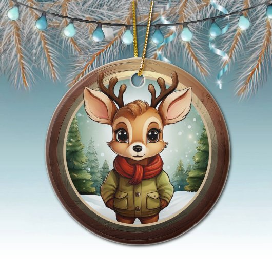Cute Reindeer Character Xmas Deer, Snow Scene 🦌🎄 Keramisch Ornament