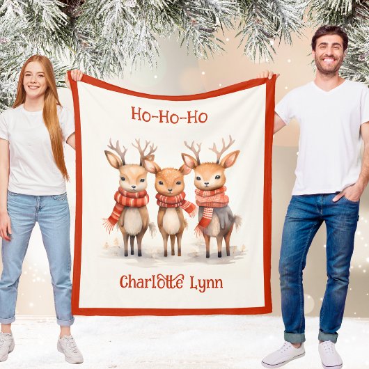Cute Reindeer Christmas Blanket for Kids With Name Fleece Deken
