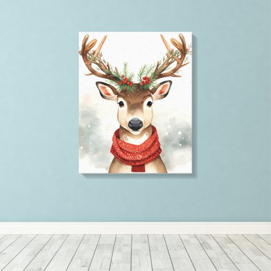 Cute Reindeer Christmas Canvas Art For Holiday Afdruk (Insitu (Houten vloer))