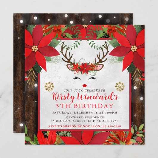 Cute Reindeer Christmas Poinsettia 5th Birthday Kaart (Voorkant / Achterkant)