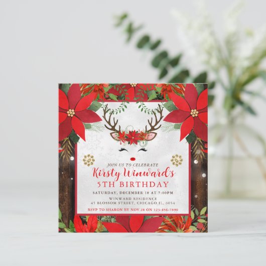 Cute Reindeer Christmas Poinsettia 5th Birthday Kaart (Staand voorkant)
