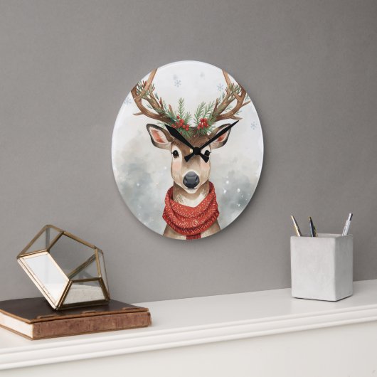 Cute Reindeer Christmas Round Wall Clock Grote Klok (Kantoor)
